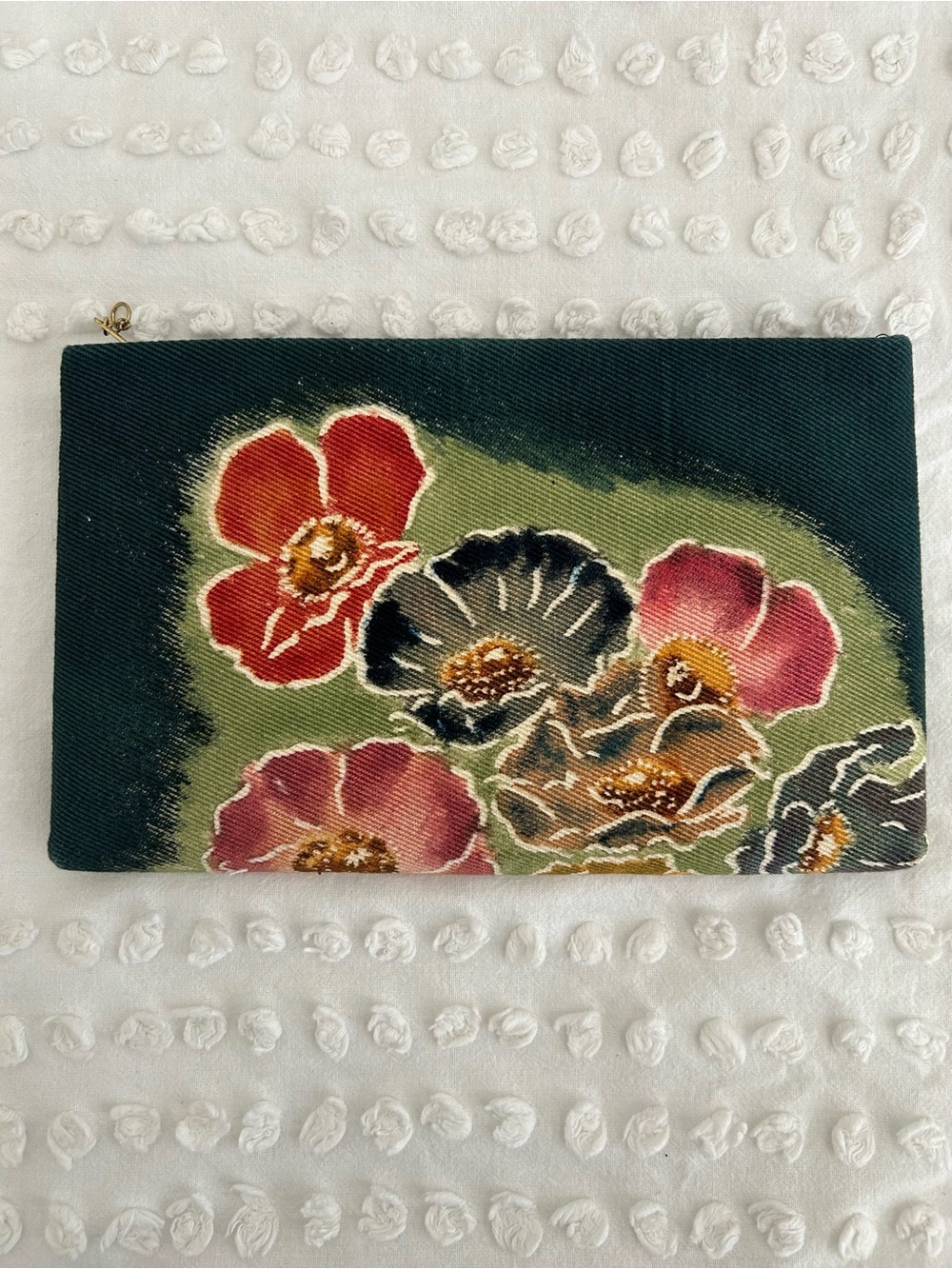 Vintage Floral Barkcloth Style Zip Pouch Thick Textured Woven Pouch  Bag 10x6 in